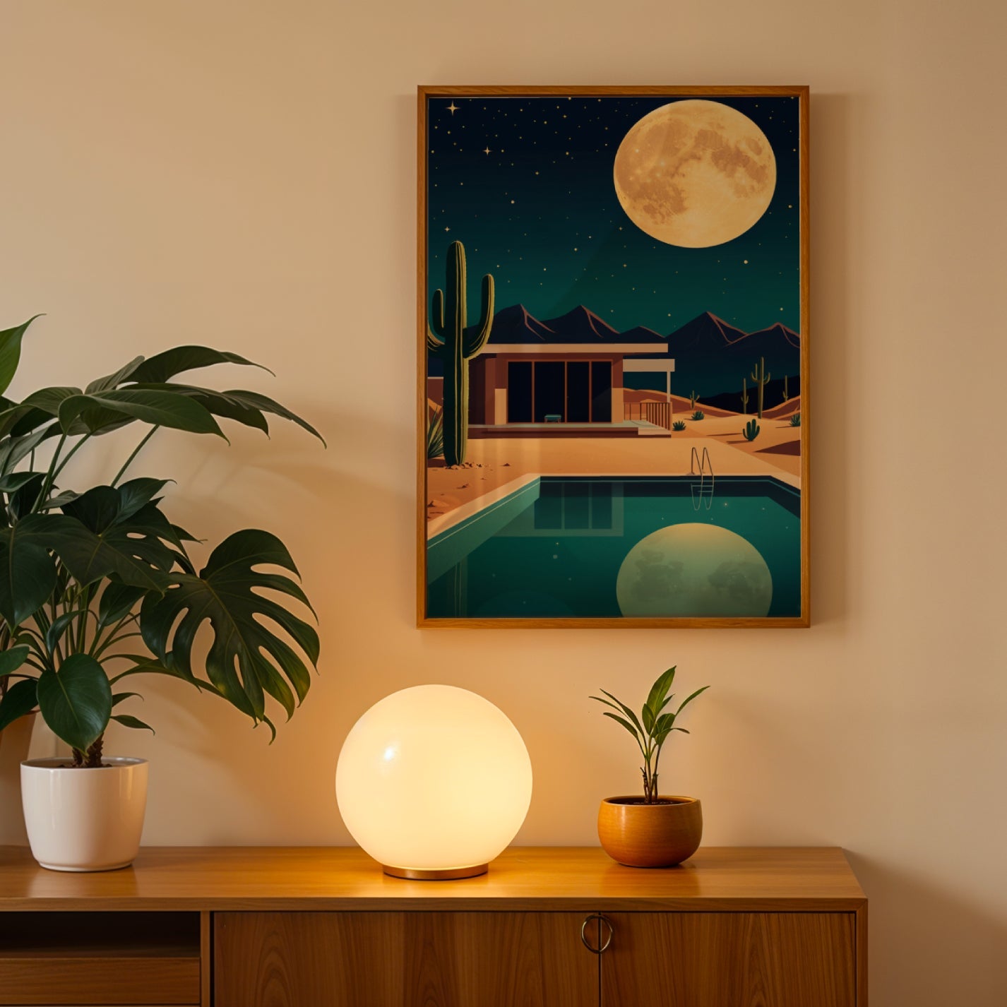 🌵 Desert Moon Reflections – Minimalist Poolside Art Print 🌙 - heyvidashop