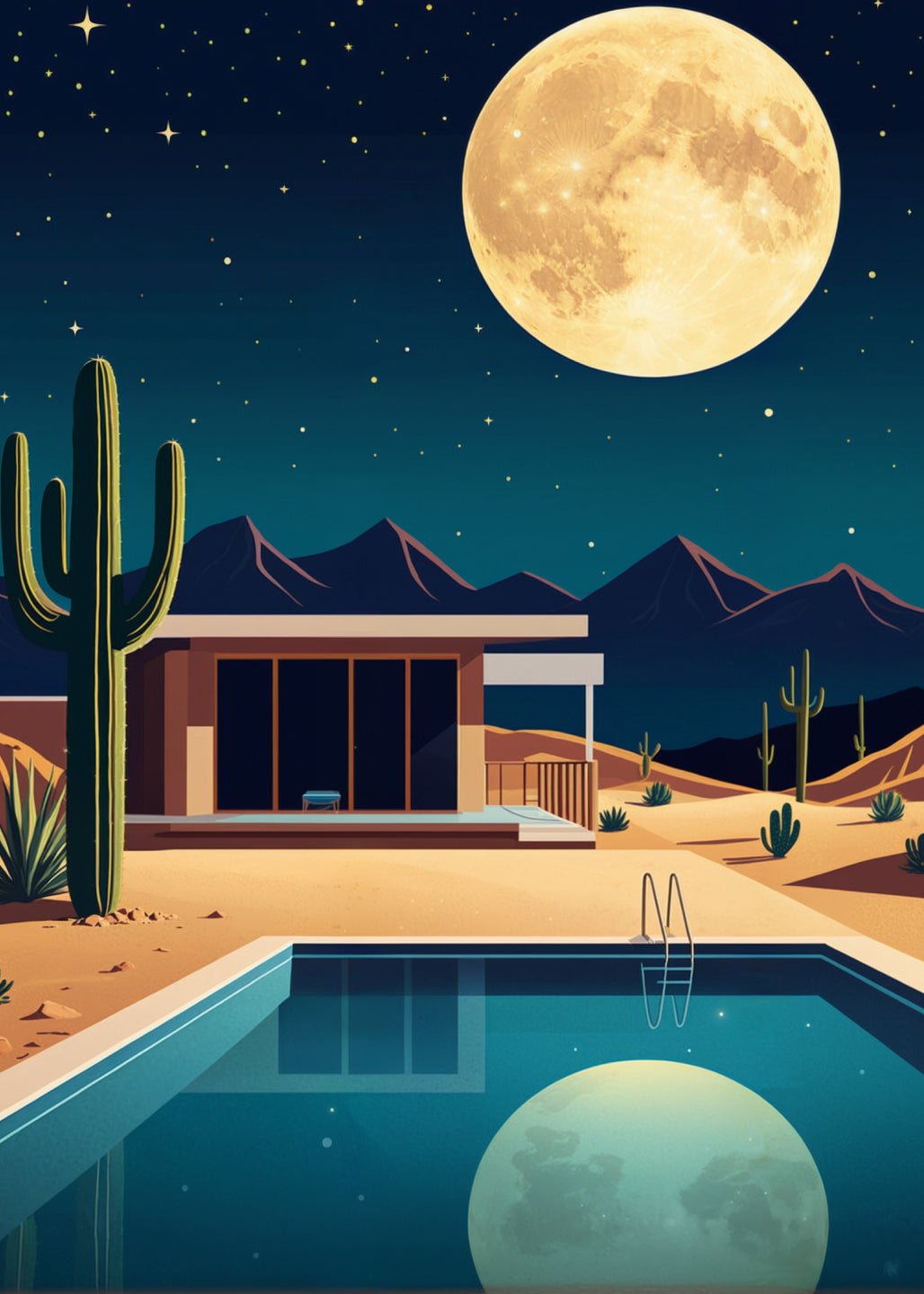 🌵 Desert Moon Reflections – Minimalist Poolside Art Print 🌙 - heyvidashop
