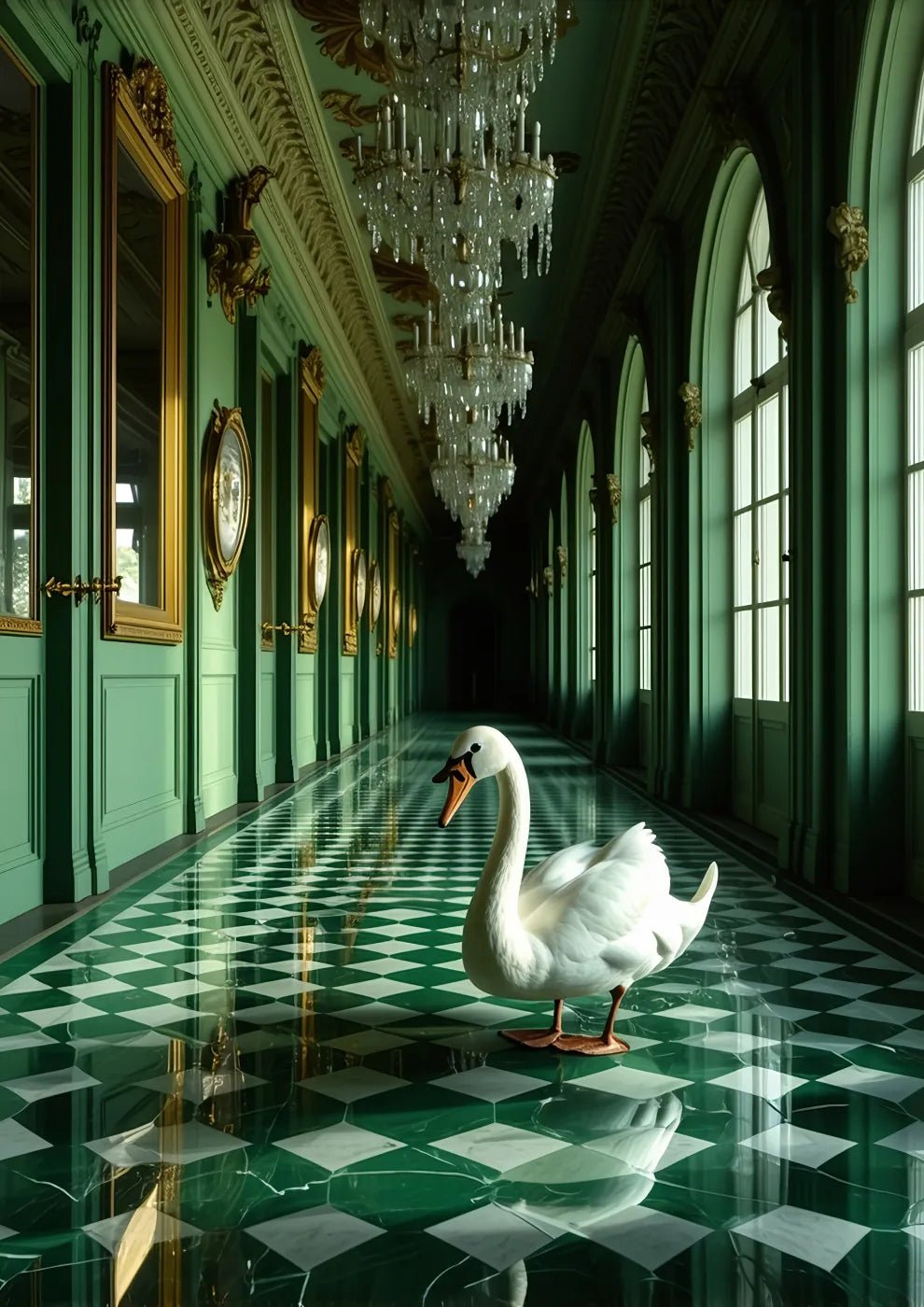 Swan in an Ornate Vintage Hallway Poster - heyvidashop